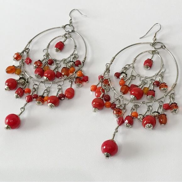 Chandelier Double Hoop Glass Bead Drop Oversized Statement Boho Tribal Earrings - Picture 5 of 13